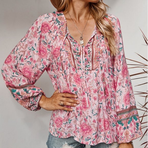 Mountain Tops - Pink Floral V Neck Loose Long Sleeve Top. Boho
